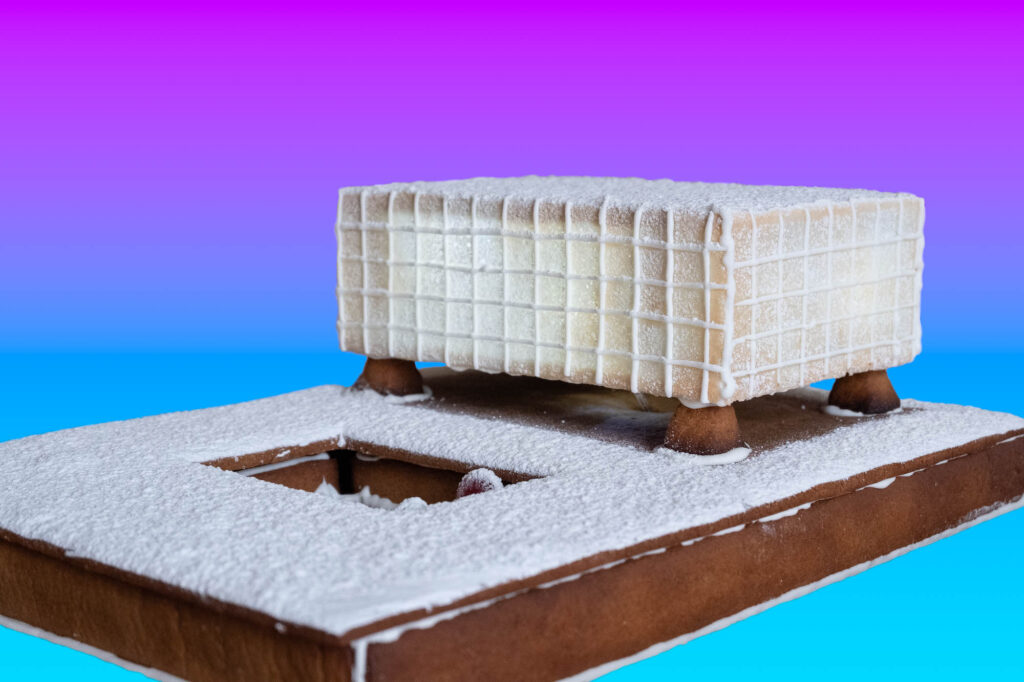 Gingerbread architectural model of a modernist library.